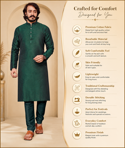 Premium Men's Dark <b>Green</b> <b>Silk</b> Cotton Kurta Pajama Set - Traditional Ethnic Wear for Festivals, Weddings & Parties - Product Image 2