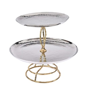 Exquisite 2-<b>Tier</b> Stainless Steel and Brass <b>Cake</b> Stand Hammered Finish Silver & Golden Dessert Server Modern Decorative Cupcake - Product Image 1