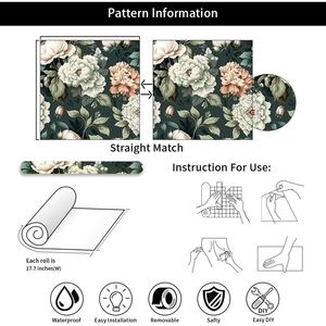Papel Tapiz Autoadhesivo con Diseño Floral Vintage de Peonías en Verde Oscuro y Blanco, Decoración de Pared Fácil de Aplicar - Product Image 5