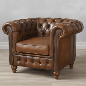 Fauteuil classique en cuir marron avec accoudoirs roulés, chaise d'appoint vintage pour salon ou bureau - Product Image 2