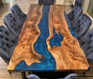 Table à manger rectangulaire en bois de chêne massif sur mesure avec résine époxy turquoise, pieds en forme d'épingle à cheveux, design moderne pour hôtel et entrepôt - Product Image 3