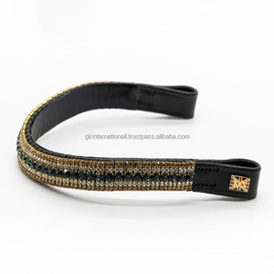 Diadema para Caballo de Carreras Personalizada con Cristales Dorados y Verdes, Acolchada en Cuero, Absorbente de Sudor, Hecha a Mano - Product Image 2