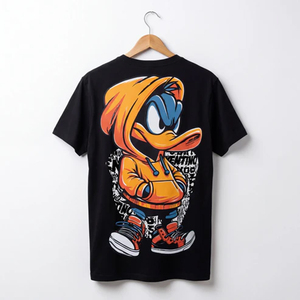 Men's Black Short Sleeve T-Shirt With Duck Character Print Street Style Hoodie Design <b>Back</b> Logo Regular Fit Cotton Jersey - Product Image 1