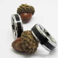 Bague en carbure de tungstène argenté avec incrustation centrale en émail noir, alliance plate à bords biseautés pour homme, bijoux bicolores en gros