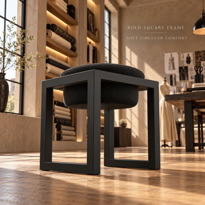 Contemporary Black Frame Accent <b>Stool</b> | Textured Round Cushion Recessed <b>Seat</b> Open Base Modern Geometric Seating Indoor Furniture - Product Image 2