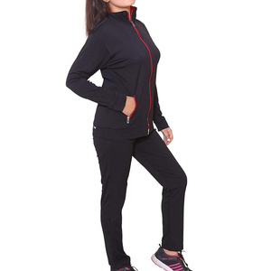 Survêtement noir 2 pièces pour femme, sweat-shirt à fermeture éclair intégrale avec bordure rouge, poches latérales, coupe classique, style sportif automne - Product Image 3