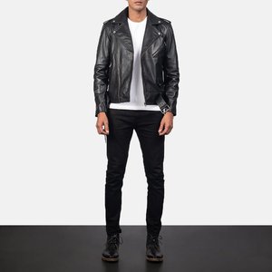 Veste moto en cuir véritable pour homme, coupe ajustée, col rabattu, fermeture éclair, style automne noir - Product Image 3