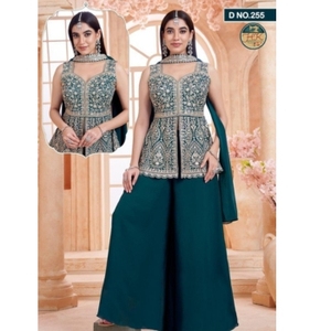 Conjunto de Kurti Peplum Bordado en Verde Azulado con Pantalones Palazzo de Pierna Ancha y Dupatta para Mujer, Ideal para Bodas y Fiestas - Product Image 3