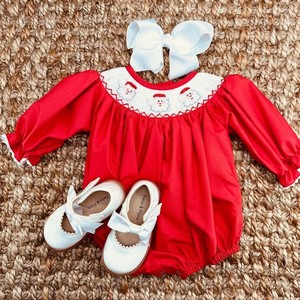 Combinaison de Noël rouge pour bébé, barboteuse smockée à manches longues, col Peter Pan, robe de fête pour nourrisson - Product Image 3