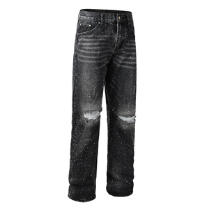 Jeans de mezclilla holgados, desgastados y rotos con pedrería, estilo vintage, lavados, transpirables, estilo urbano, apilados, tipo biker, elásticos, para 4 estaciones - Product Image 6