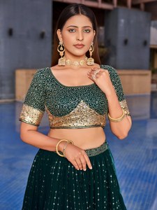 Green Silk Sequin Leheriya Lehenga <b>Set</b> with <b>Short</b> <b>Top</b> <b>and</b> Embroidered Dupatta Banarasi Style Women's Wedding Party Wear One <b>Set</b> - Product Image 5