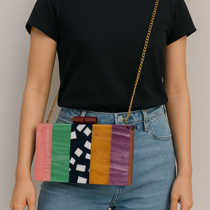 Pochette de soirée de luxe faite à la main en bois et résine, durable et écologique, avec incrustation géométrique, sac à bandoulière avec chaîne, logo personnalisé - Product Image 4