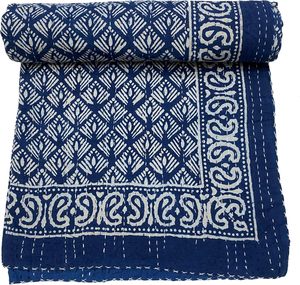 Cubrecama Reversible Kantha Azul Índigo con Estampado a Mano, Juego de Edredón de Algodón Vintage Ecológico para Bodas, Hogar, Hotel, Tamaño Individual - Product Image 1