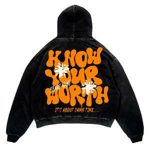 Sudadera con capucha negra para hombre de marca, de algodón French Terry, con estampado de letras y logo frontal, estilo streetwear de otoño, con efecto acid wash. - Product Image 4