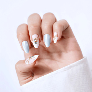 Uñas Postizas Artificiales Azules y Blancas con Pedrería, Uñas de Lujo con Forma de Almendra, OEM ODM, Venta al por Mayor, Uñas Personalizadas con Pedrería - Product Image 1