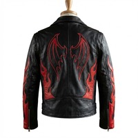 Jaket Kulit Hitam Pria untuk Sepeda Motor, Motif Api Merah, Penutup Ritsleting, Gaya Biker, Kerah Lipat, Slim Fit, Pakaian Musim Gugur