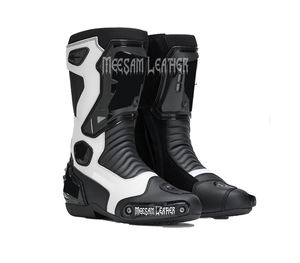 Bottes de moto en cuir pour hommes, design unique et tendance, qualité supérieure, doublure en mesh respirant, style course, ventilées, blanches - Product Image 1