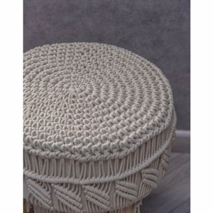 Beige Cotton Handmade Round Macrame Covered <b>Ottoman</b> <b>Stool</b> with Wooden Legs Boho Footrest Pouf for Living Room Hotel Cafe Decor - Product Image 3