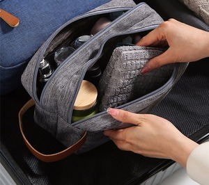 Trousse de Toilette Imperméable en Toile et Cuir à Double Fermeture Éclair avec Logo Personnalisé, Trousse de Voyage pour Rasage, Pochette Cosmétique LCTB-0038 - Product Image 6