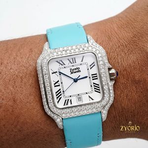 Reloj de Lujo con Diamantes para Hombre, Correa Azul Claro, Esfera Cuadrada de Acero Inoxidable, Estilo Hip Hop - Product Image 2