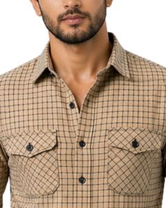 Customized Beige Black Grid Check Casual Shirt For Men Slim Fit Long Sleeve Button Down Cotton Stylish Premium Quality Wear - Product Image 2