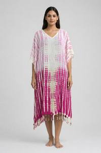 Caftán Largo de Viscosa con Estampado Tie-Dye y Rayas, Ecológico, Cuello en V, Transpirable, Asimétrico - Product Image 4