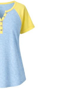 T-shirt pour femme bleu ciel et jaune, manches courtes, col Henley, tee-shirt raglan en coton doux, décontracté, respirant, confortable, pour l'été et le quotidien - Product Image 3