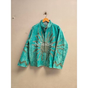 Turquoise Velvet Blouson Jacket Mandarin Collar Full Sleeve Hand Embroidered Sun Pattern Autumn Women's <b>Coat</b> - Product Image 3