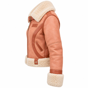 <b>Womens</b> Real Sheepskin Leather Shearling Jacket Peach Cream Plush Fleece Lapel Collar Buckle Strap Cozy Winter Outerwear <b>Coat</b> - Product Image 4
