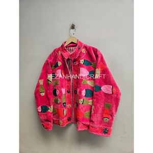 Pink Velvet Quilted <b>Jacket</b> Fish Embroidery Handmade Winter Autumn Unisex Stand Collar Boho <b>Hippie</b> Style - Product Image 3