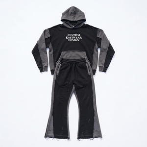Ensemble de survêtements Hip Hop unisexe de haute qualité, écologiques, à bords bruts, en molleton 440 g/m², avec sweat à capuche effet vieilli et pantalon évasé - Product Image 1