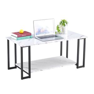 Tavolino da Caffè Rettangolare in MDF Effetto Marmo, 100 cm, con Base in Ferro, 2 Ripiani, Spessore 3,8 cm, per Sala da Pranzo o Caffetteria, Materiale Metallico Resistente - Product Image 6