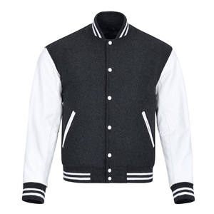 Vestes varsity d'hiver pour homme OEM, noires unies, corps en laine, manches en cuir véritable, lettres en chenille, pour homme - Product Image 1