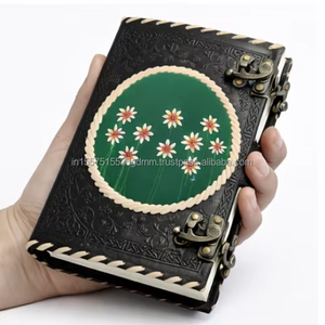 Atlasease Handmade Hand Painted Black Leather Journal Colorful Flower Art Vintage Customizable Notebook Dual Metal <b>Lock</b> Cord - Product Image 3