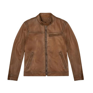 Veste en cuir véritable marron vieilli pour homme, style streetwear, col Mao, fermeture éclair avant, coupe ajustée, vintage, premium, décontractée, OEM, vêtement d'extérieur d'hiver - Product Image 2