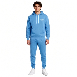 ชุดวอร์มผ้าฟลีซน้ำหนักเบาสีน้ำเงินแบบ unisex มีฮู้ด แขนยาว สีพื้น ผ้าฝ้าย สวมใส่สบาย มีโลโก้ด้านหน้า กระเป๋าข้าง พร้อมเชือกผูก - Product Image 1