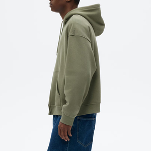 Sudadera con Capucha y Cierre para Hombre, Color Verde Oliva, Corte Holgado, Informal, de Algodón Tejido, Color Sólido, Transpirable, para Otoño - Product Image 4