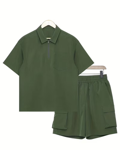 Men's Green Polo Shirt With Cargo Shorts Set Quick Dry Casual Summer Outfit Solid Color Knitted Polyester - Product Image 1