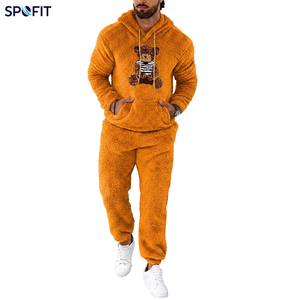 SPOFIT Men's Fleece Sherpa Tracksuit <b>Teddy</b> Bear Print Hoodie & Jogger Pants <b>Set</b> Plush <b>Lounge</b> wear Two Piece Outfit - Product Image 4
