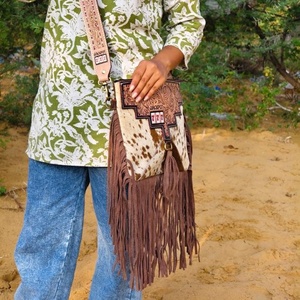 Gran oferta, bandolera cruzada de piel de vaca para mujer, hecha a mano, negro, blanco, gamuza, flecos, borla, verano, cremallera, hombro, cabestrillo, cuero genuino - Product Image 2