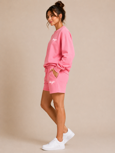 ชุดเซ็ตเสื้อสเวตเชิ้ตผ้าฝ้ายสีชมพูสำหรับผู้หญิง คอกลม ทรงหลวม สีพื้น สไตล์ลำลอง พร้อมลายพิมพ์โลโก้ - Product Image 3