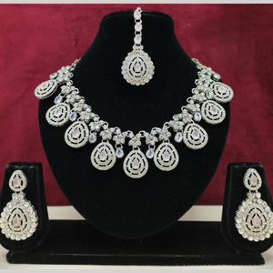 JeweleMarket Silver Plated Crystal & Rhinestone Indian Traditional <b>Bridal</b> Jewelry <b>Set</b> with <b>Necklace</b> <b>Earrings</b> & Maang Tikka - Product Image 2