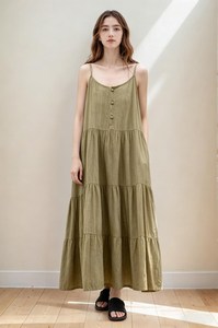 Robe maxi décontractée à volants en lin 100% écologique vert olive, couleur bonbon bohème, pour le printemps, l'été et l'automne - Product Image 5