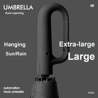 Parapluie pliant automatique à trois sections avec poignée annulaire inversée, revêtement noir, 10 baleines, personnalisable avec logo, pour le voyage, la vente au détail et les cadeaux d'entreprise