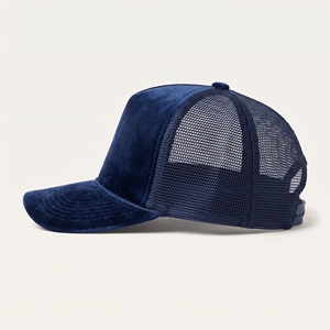 <b>Navy</b> Blue Velvet Mesh Trucker <b>Hat</b> 5 Panel Curved Brim Adjustable Unisex Cap Custom Logo Embroidery Eyelet Four Seasons Casual - Product Image 2