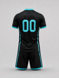 Ensemble d'uniformes de football personnalisés pour hommes, noir et turquoise, col en V, manches courtes, polyester respirant, coupe athlétique toutes saisons - Product Image 3
