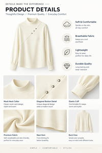 OEM Women 270G German Fleece High <b>Neck</b> Base Layer <b>Top</b> Long Sleeve Warm Button Design Slanted Opening Spring Autumn Thermal Shirt - Product Image 3