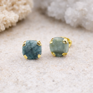 <b>Emerald</b> Raw <b>Stud</b> Earring Gold Plated Prong Set Handmade Electroplated Minimal May Birthstone Jewelry - Product Image 1