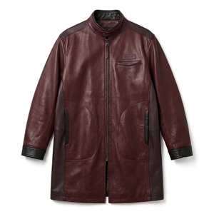Abrigo de Cuero Genuino Color Granate para Hombre, Cuello Alto, Puños en Contraste, Chaqueta de Invierno Estilo Biker, Abrigo Personalizado, Proveedor de Fábrica - Product Image 1