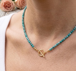 AA Grade Natural Blue Turquoise 4mm Beads Women <b>Necklace</b> 14K Gold Plated Toggle Clasp Healing Crystal Gemstone Beaded Choker - Product Image 2